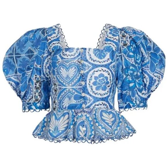 💕FARM RIO💕 Blue Tile Dream Short Sleeve Blouse ~ Floral Large L NWT *DAMAGED* - Picture 11 of 16